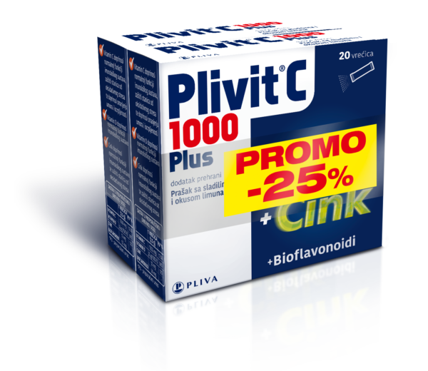 PROMO Plivit C 1000 Plus (1+1) – Kompleks vitamina C, D i cinka za podršku imunološkom sustavu i zaštitu stanica.