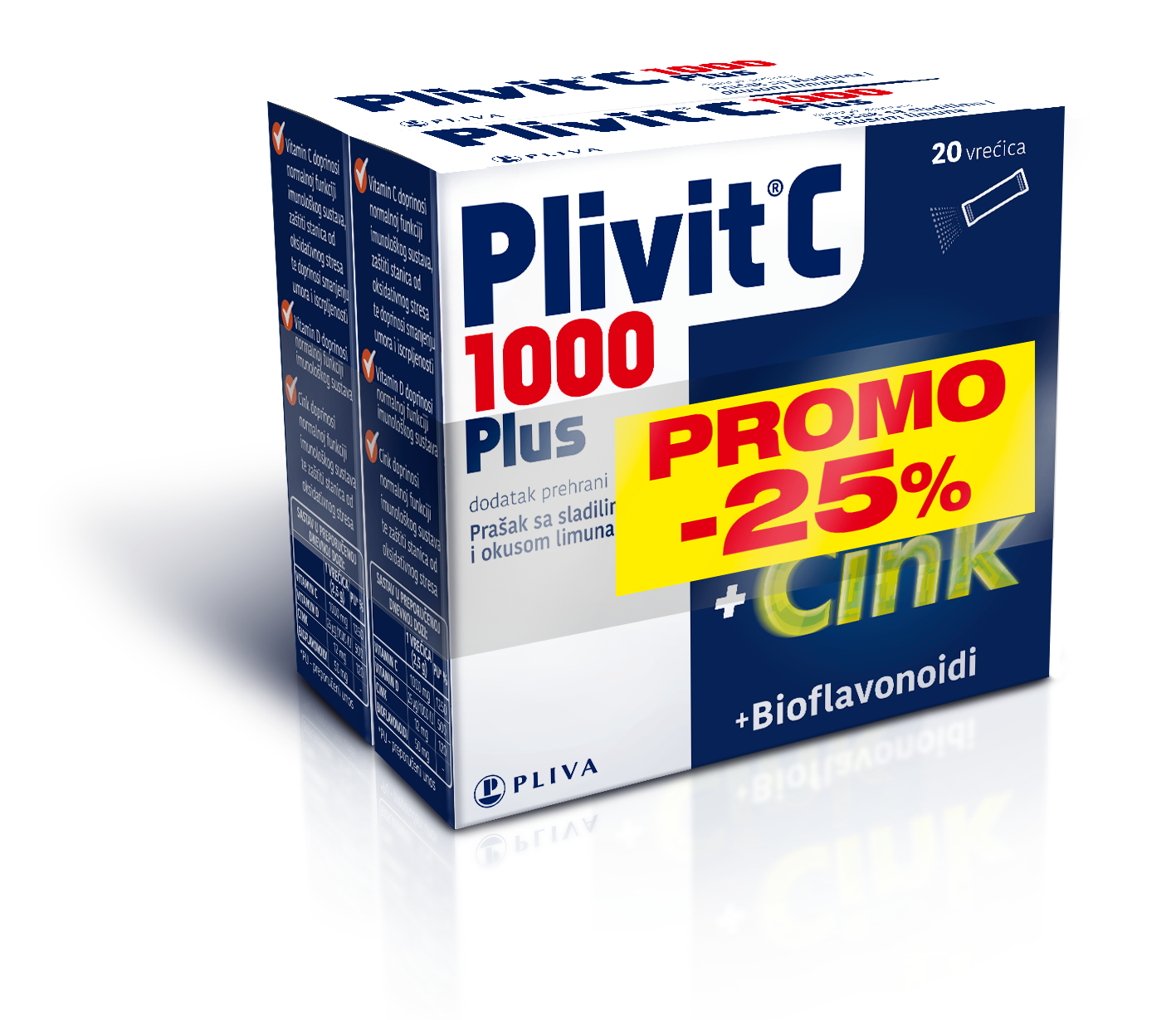 PROMO Plivit C 1000 Plus (1+1) – Kompleks vitamina C, D i cinka za podršku imunološkom sustavu i zaštitu stanica.